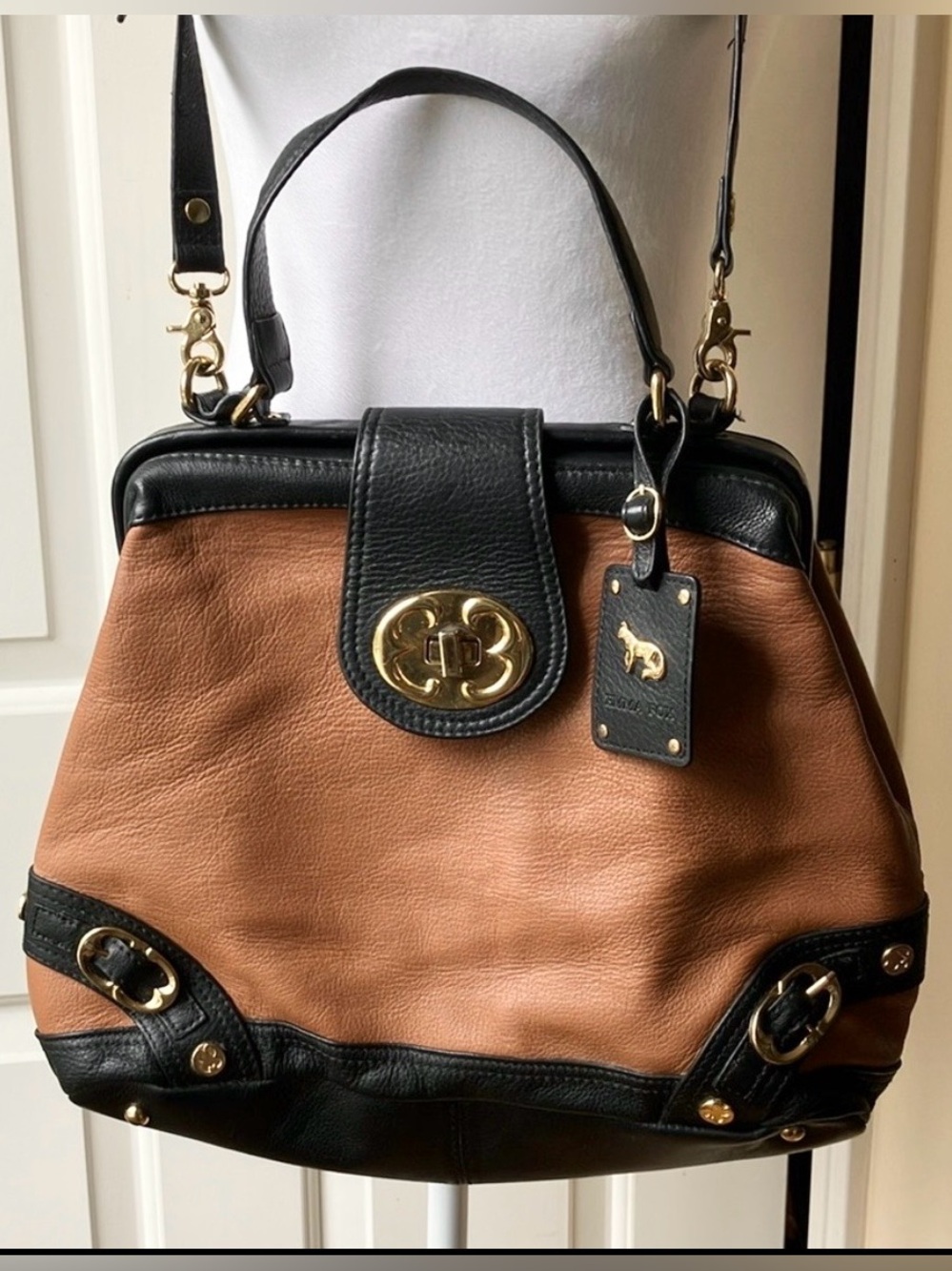 Emma Fox Crossbody Satchel Purse Pebble Leather Brown/Black